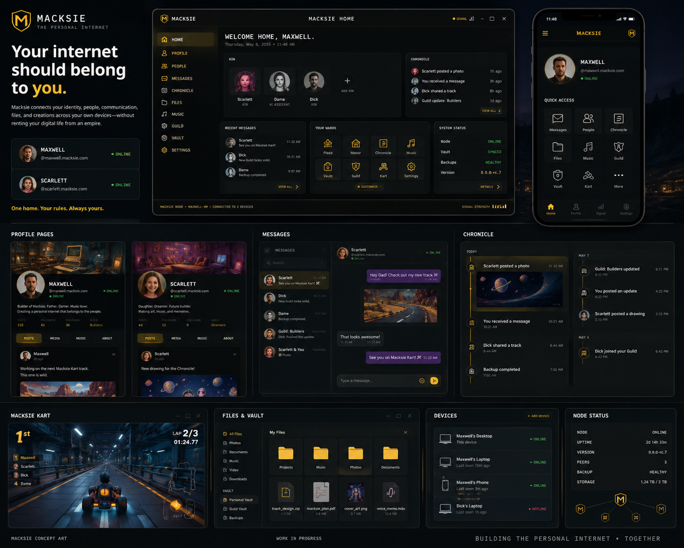 Macksie Home — your personal internet dashboard showing identity, contacts, messages, and files